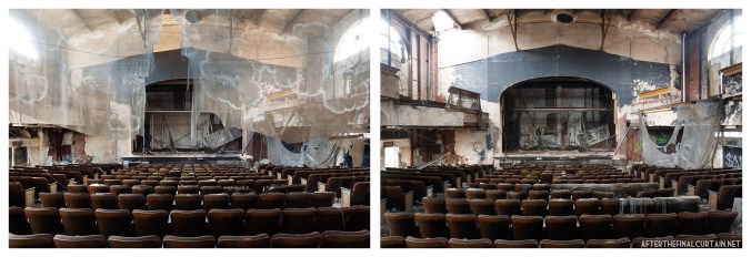 Two photographs of the auditorium taken almost exactly 5 years apart.