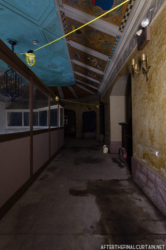 The lobby mezzanine has a fireplace in the center.