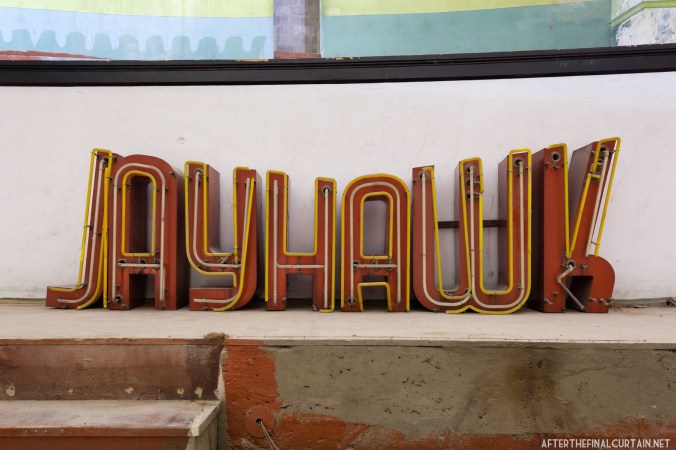 The marquee letters were removed after the theater closed and moved into the auditorium for storage.