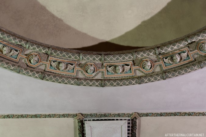 A close up of some of the plaster-work surrounding the dome in the auditorium.